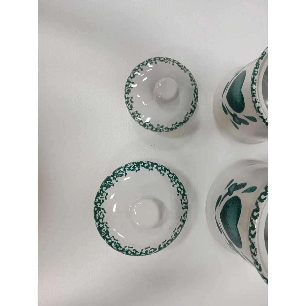 Vintage Canister Set of 2 White Green Heart Sponge Print Coutry Cottage Kitchen